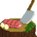 A tree stump topped with a butcher's knife and various cooking ingredients